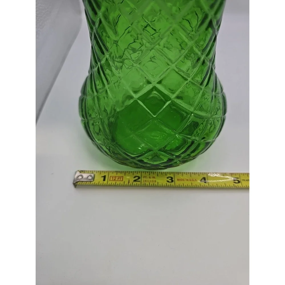 HOOSIER Emerald Green Glass Vase Diamond Point Deign 9 Inches